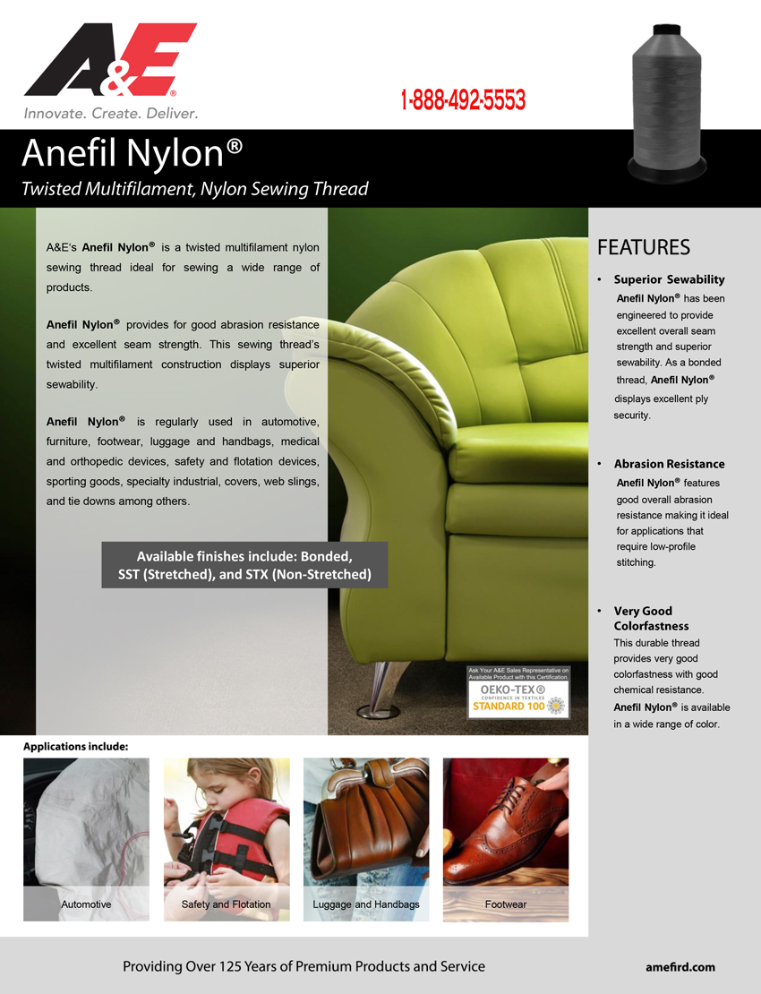 AE American Efird Anefil Nylon Bonded Nylon Sewing Thread #69 Tex-70 16 oz.  5,950 yds (White or Black)
